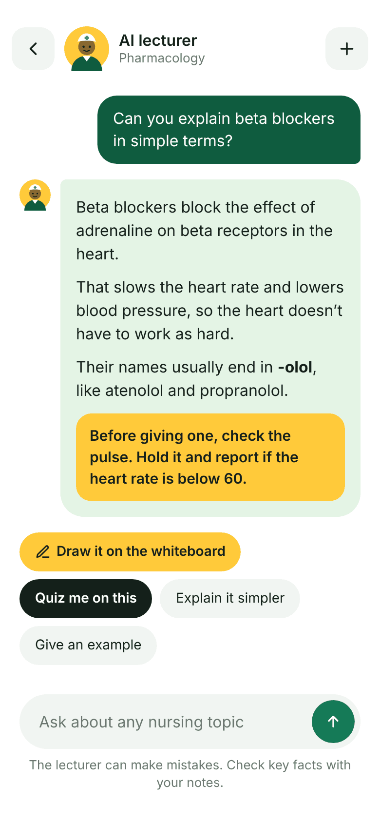 AI lecturer for Pharmacology explaining beta blockers, with options to quiz me on this, explain it simpler or give an example