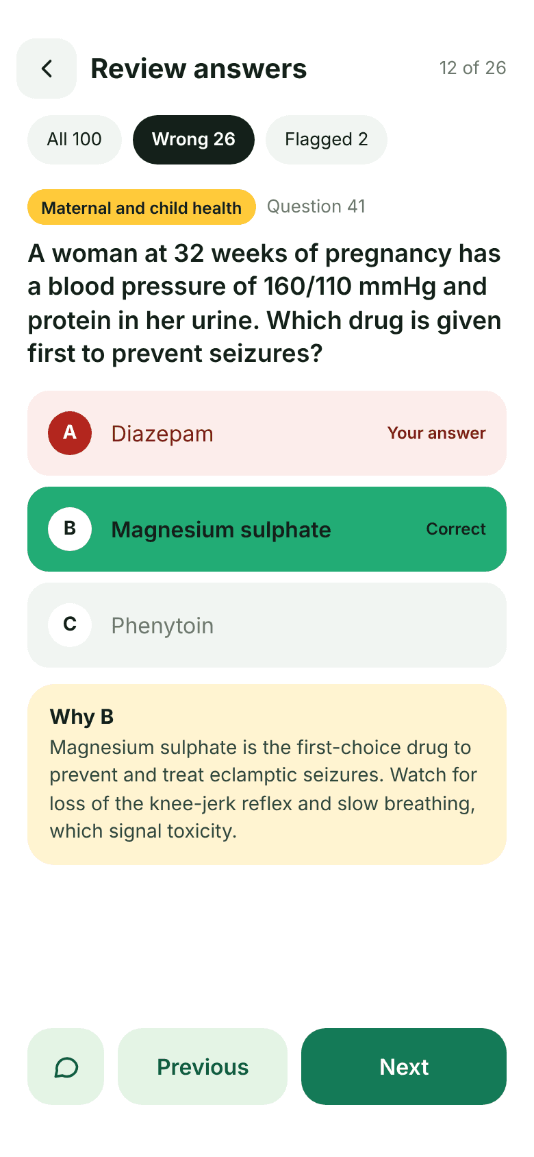Review answers screen showing a wrong answer, the correct answer and why it is correct