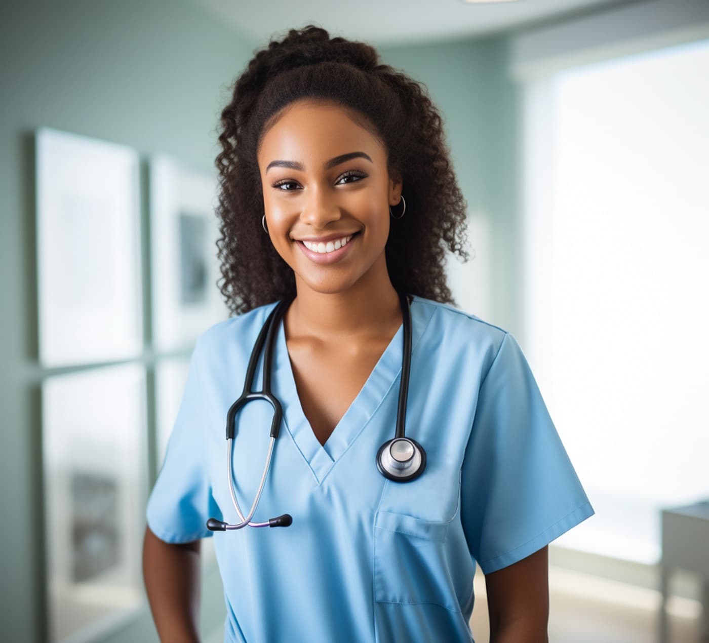 Nursing student in scrubs with a stethoscope